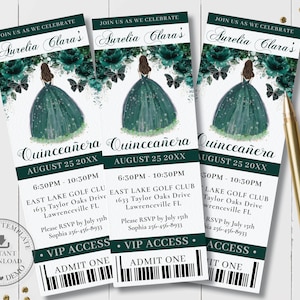 Esmeralda Verde Floral Princesa Mariposa Plata Quinceañera Entrada Invitación PLANTILLA EDITABLE Quince 15 Cumpleaños Descargar Imprimible QC9
