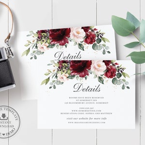 Details Karte, INSTANT DOWNLOAD, Rustikale Blush Pink Burgund Floral Grün Hochzeit Info Beilage Beilage, EDITIERBARE Vorlage, Printable, RB1