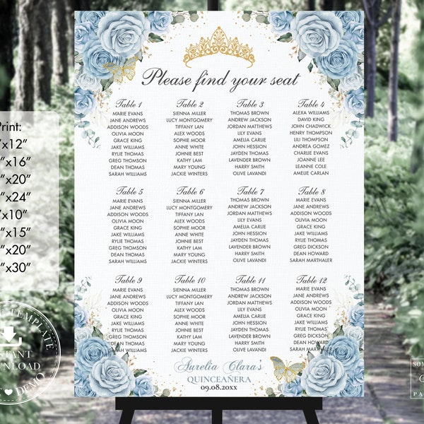 Baby Blue Floral Gold Quinceañera Seating Chart Printable, EDITABLE TEMPLATE, Mis Quince 15 Anos 18th 16th Birthday INSTANT Download QC18