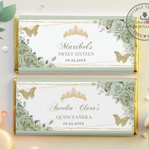 Sage Green Floral Gold Butterflies Chocolate Bar Wrapper, EDITABLE TEMPLATE, Quinceanera Birthday Aldi Hershey&#39;s Candy Labels Printable QC43