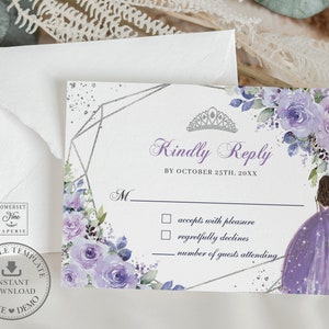 Purple Lilac Floral Silver Quinceañera RSVP Card INSTANT Download, Mis Quince 15 Anos Birthday Reply Diy Editable Template PDF Printable QC3