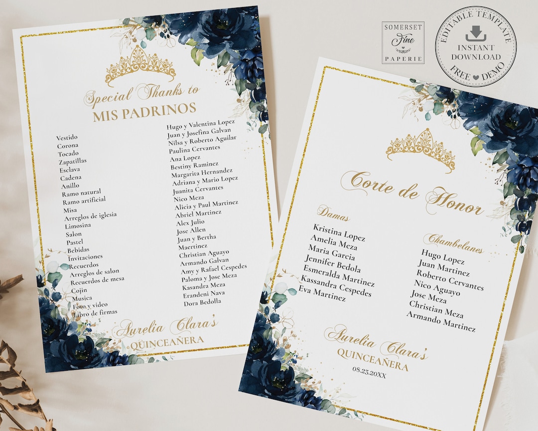Navy Blue Floral Gold Quinceañera Mis Padrinos List Printable Etsy