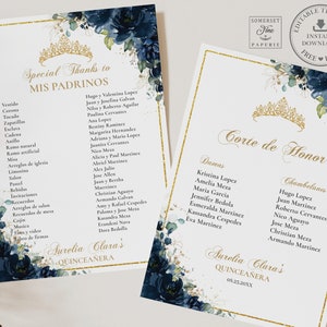 Navy Blue Floral Gold Quinceañera Mis Padrinos List Printable - Etsy ...