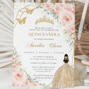 Soft Blush Floral Champagne Dress Quinceañera Invitation Printable EDITABLE TEMPLATE Quince 15 XV Sweet 16th Birthday Instant Download QC7