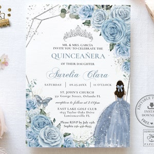 Baby Blue Floral Silver Quinceañera Invitation, INSTANT DOWNLOAD, Mis Quince 15 Anos Birthday Invite Printable, Diy EDITABLE Template, QC18