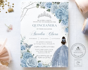 Baby Blue Floral Silver Quinceañera Invitation, INSTANT DOWNLOAD, Mis Quince 15 Anos Birthday Invite Printable, Diy EDITABLE Template, QC18