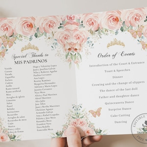 Blush Pink Floral Gold Butterflies Quinceañera Program Printable EDITABLE TEMPLATE Padrinos Damas Order of Events Mis Quince Birthday QC7