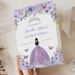 Purple Lilac Floral Silver Princess Dress Quinceañera Program Printable EDITABLE TEMPLATE Padrinos Damas Order of Events Quince Birthday QC3