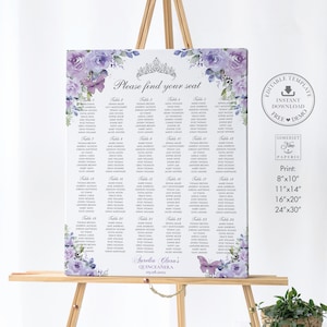 Purple Lilac Floral Silver Butterfly Quinceañera Seating Chart 24 Tables Printable EDITABLE TEMPLATE Mis Quince Anos 18th 16th Birthday QC3