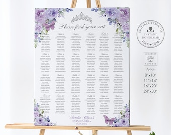 Purple Lilac Floral Silver Butterfly Quinceañera Seating Chart 24 Tables Printable EDITABLE TEMPLATE Mis Quince Anos 18th 16th Birthday QC3