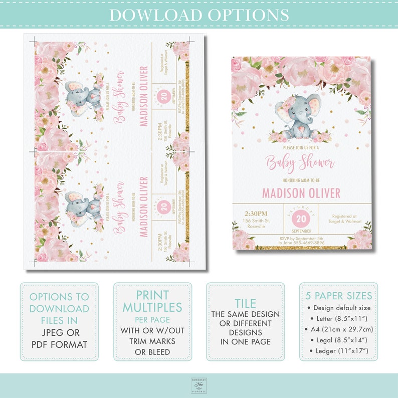 Blush Pink Floral Elephant Baby Shower Invitation Printable, EDITABLE ...