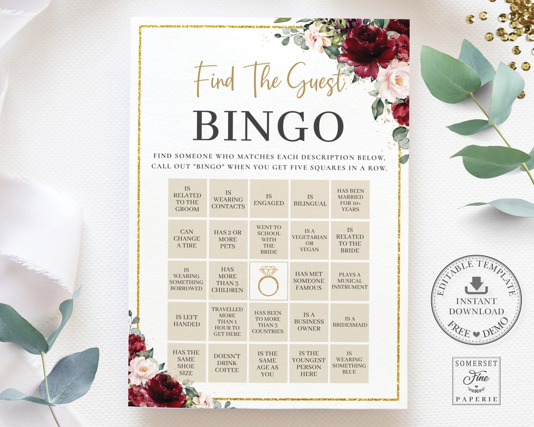 Find the Guest Bingo Printable Game, EDITABLE TEMPLATE, Rich Burgundy ...