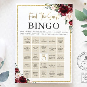 Encuentre el juego imprimible de bingo invitado, PLANTILLA EDITABLE, Actividad de despedida de soltera floral rosa rubor borgoña rica, descarga INSTANTÁNEA, RB1