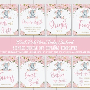 May include: Printable baby shower sign templates featuring a pink floral design with a cute gray elephant. The signs include titles like "Cards and Gifts", "Diaper Raffle", "Drinks", "Food", "Favors", "Guest Book", "Babies are Sweet", and "Mom-osa Bar".