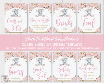 May include: Printable baby shower sign templates featuring a pink floral design with a cute gray elephant. The signs include titles like "Cards and Gifts", "Diaper Raffle", "Drinks", "Food", "Favors", "Guest Book", "Babies are Sweet", and "Mom-osa Bar".