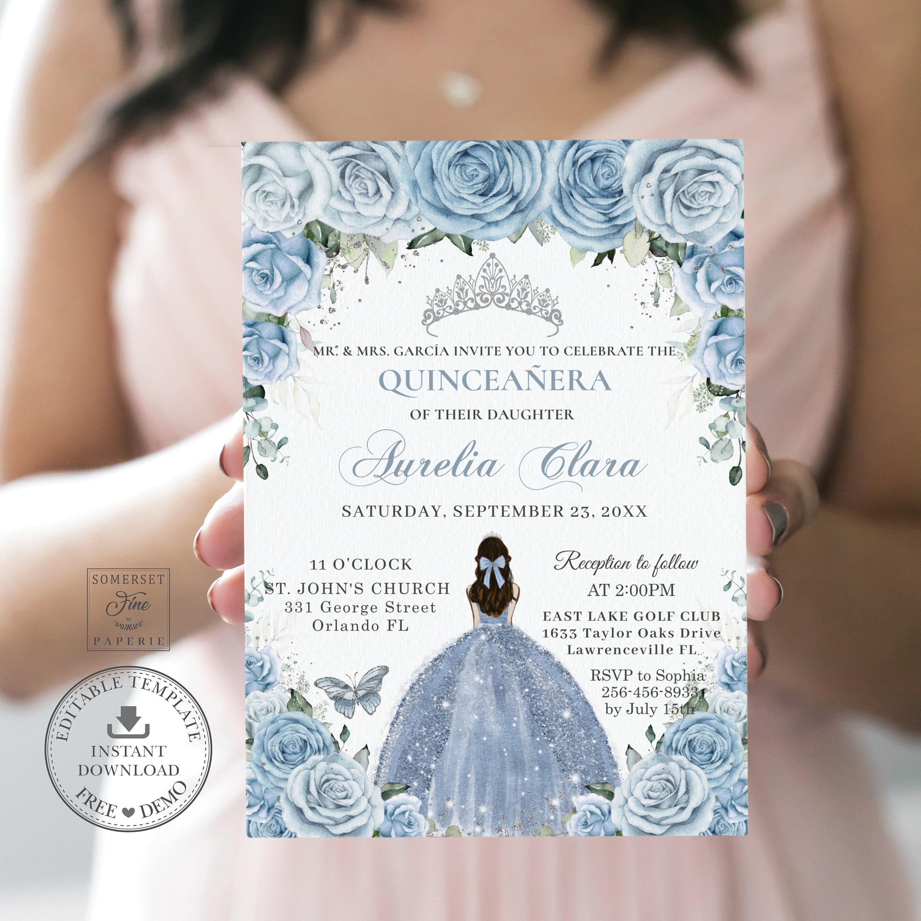 Baby Blue Floral Silver Quinceañera Invitation Printable, EDITABLE