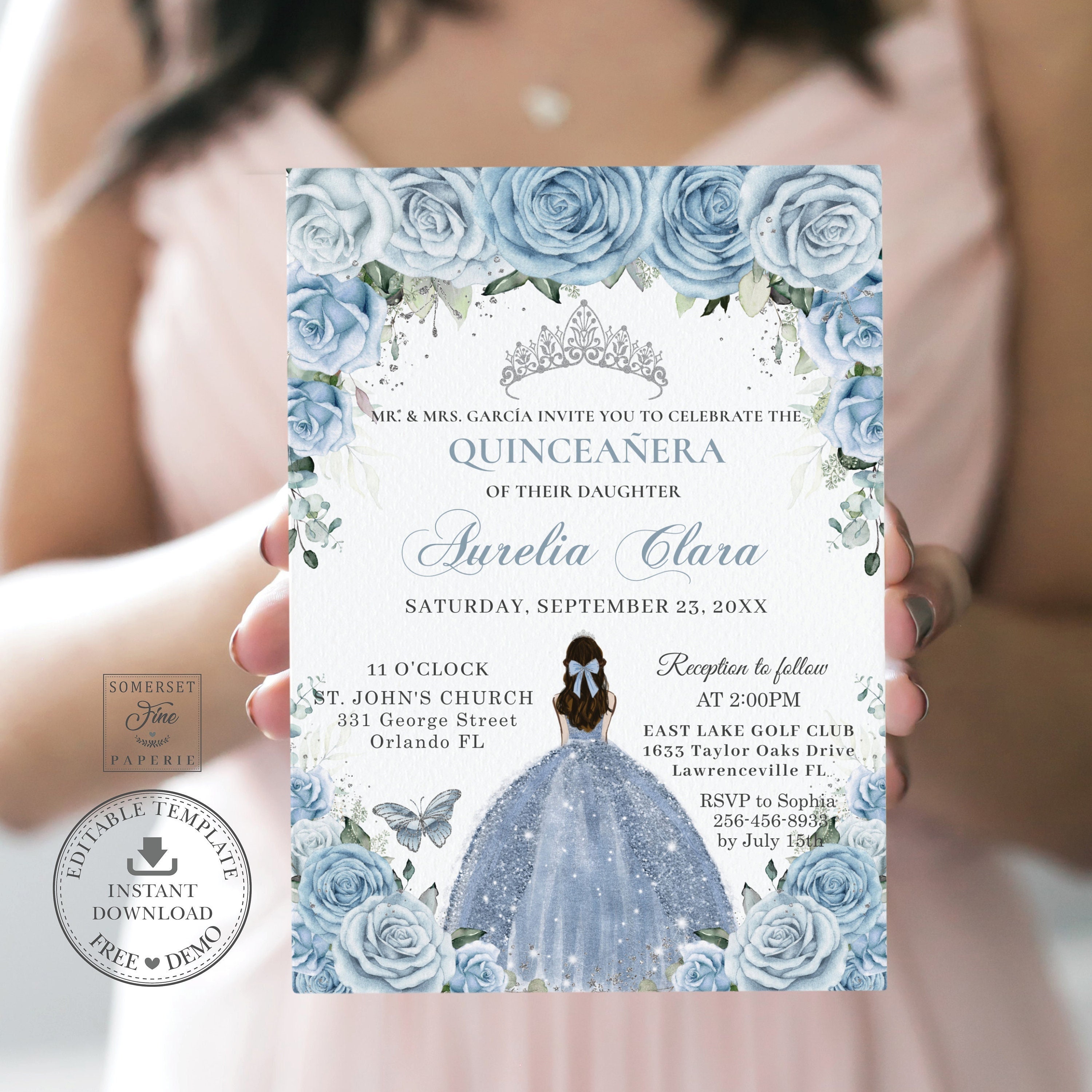 Baby Blue Floral Silver Quinceañera Invitation Printable, EDITABLE  TEMPLATE, Mis Quince 15 Anos Birthday Diy Invite, INSTANT Download, QC18 