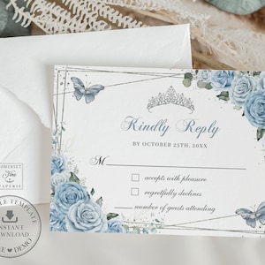 Baby Blue Floral Butterflies Quinceañera RSVP Card Printable EDITABLE TEMPLATE, Mis Quince 15 Anos Diy 16th Birthday, Instant Download QC18