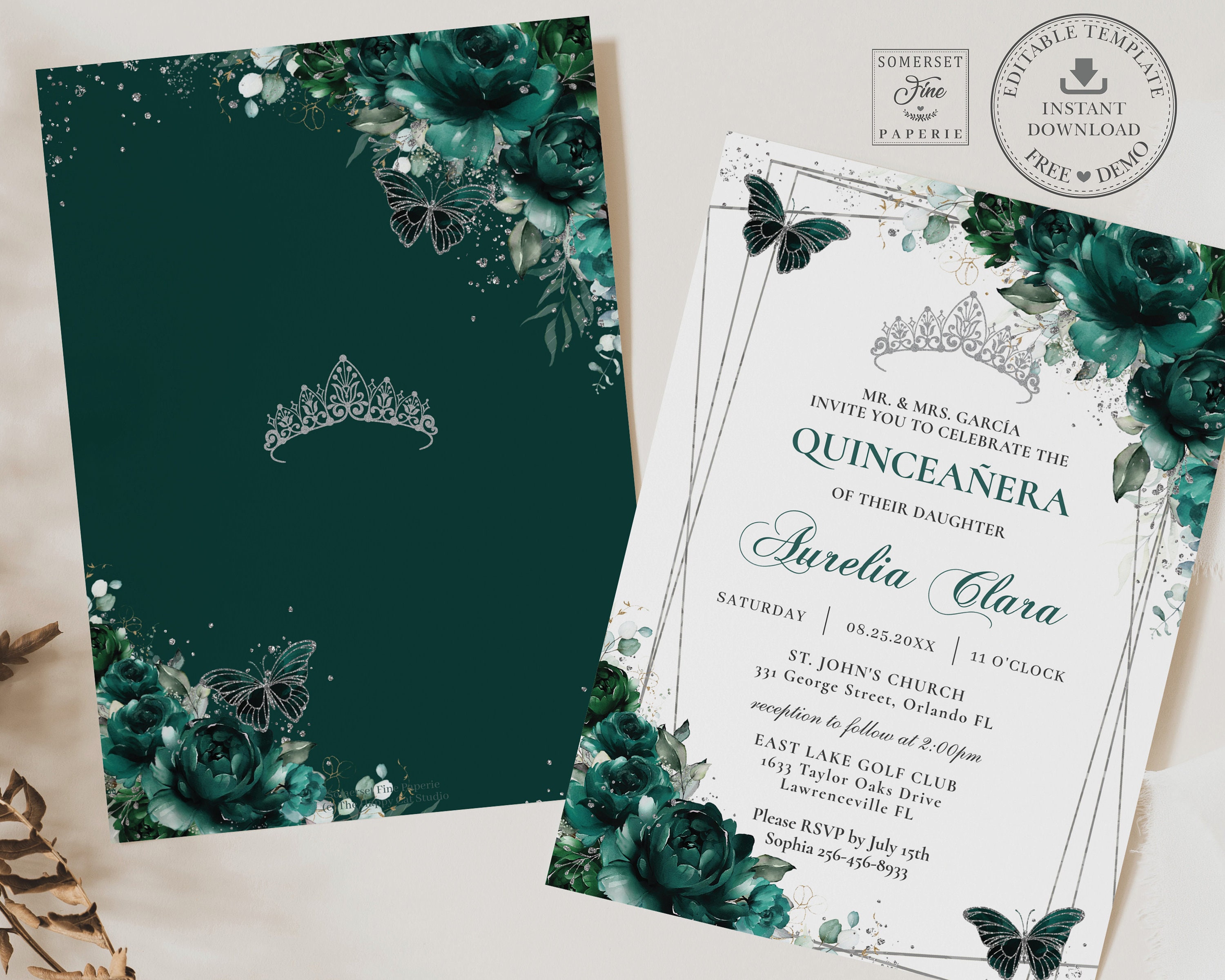 Emerald Green Floral Butterflies Silver Quinceañera