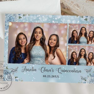May include: A blue and white photo booth backdrop with floral accents and glitter. The backdrop has four photo frames with images of people. The text "Aurelia Clara's Quinceañera 08.25.20XX" is printed on the backdrop.