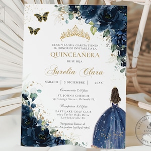 Navy Blue Floral Gold Butterfly Quinceañera Invitation EDITABLE TEMPLATE Quince 15th 16th Princess Dress Birthday Digital Download File QC17