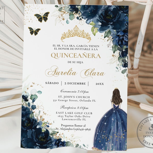 Navy Blue Floral Gold Butterfly Quinceañera Invitation EDITABLE TEMPLATE Quince 15th 16th Princess Dress Birthday Digital Download File QC17