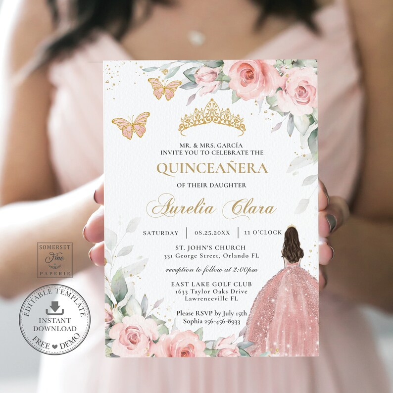 May include: A pink and gold Quincea&ntilde;era invitation with a floral design. The invitation includes the text "Mr. & Mrs. Garcia invite you to celebrate the Quincea&ntilde;era of their daughter Aurelia Clara". The invitation also includes the date, time, and location of the event.