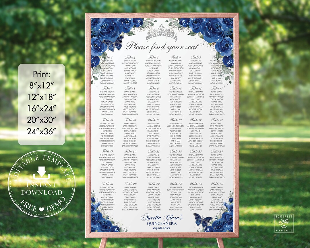 Royal Blue Floral Silver Butterflies Quinceañera Seating Chart 30