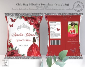 EDITABLE TEMPLATE Chip Bag Red Floral Rose Princess Silver Butterflies Quinceañera Mis Quince 15 16th Birthday Favor Download Printable QC13