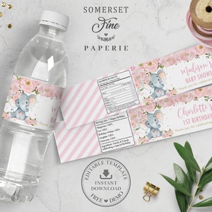 Etiqueta de botella de agua de elefante, PLANTILLA EDITABLE, Etiqueta de envoltorio de bebida de elefante floral rosa rubor imprimible, Baby Shower Descarga instantánea EP5