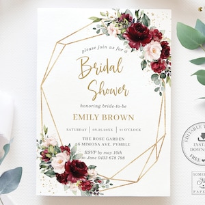 Rustic Burgundy Blush Pink Floral Roses Bridal Shower Invitation Printable, EDITABLE TEMPLATE, Chic Gold Geometric, INSTANT Download, RB1