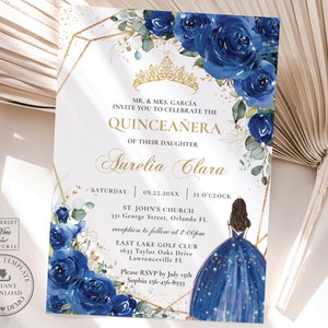 Gold and Blue Glitter Quinceanera Invitations, Blue Quinceañera