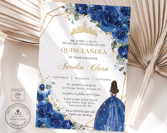 May include: A Quinceañera invitation with a watercolor design. The invitation features a gold geometric frame, blue roses, and the text "Mr. & Mrs. García invite you to celebrate the Quinceañera of their daughter Aurelia Clara".