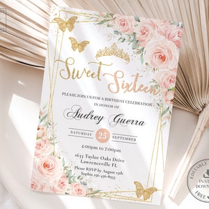 Blush Floral Champagne Butterflies Sweet 16 Invitation INSTANT DOWNLOAD Princess Tiara Sixteen 16th Birthday Editable Template Printable QC7