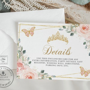 Blush Rosa Floral Borboletas Quinceañera Detalhes Cartão Download INSTANTÂNEO XV Marmelo 15 Anos Aniversário Modelo Editável para Impressão QC7