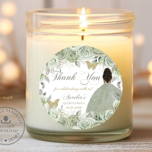 EDITABLE TEMPLATE 2" Circle Favor Label, Sage Green Floral Gold Brown Princess Quinceaneara 15th Birthday Sweet 16 Printable Download QC43
