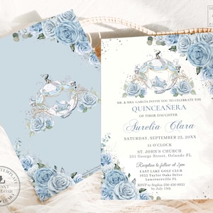 Baby Blue Floral Cinderella Pumpkin Coach Quinceañera XV Invitation EDITABLE Template Quince 15 16 Birthday Printable Instant Download QC18