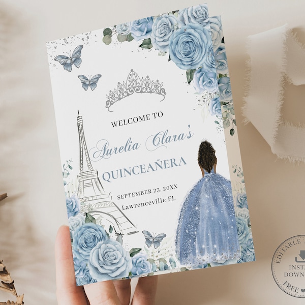 EDITABLE Baby Blue Floral Silver Brown Girl Paris Quinceañera Program Printable Padrinos Damas Order of Events Mis Quince XV Birthday QC18