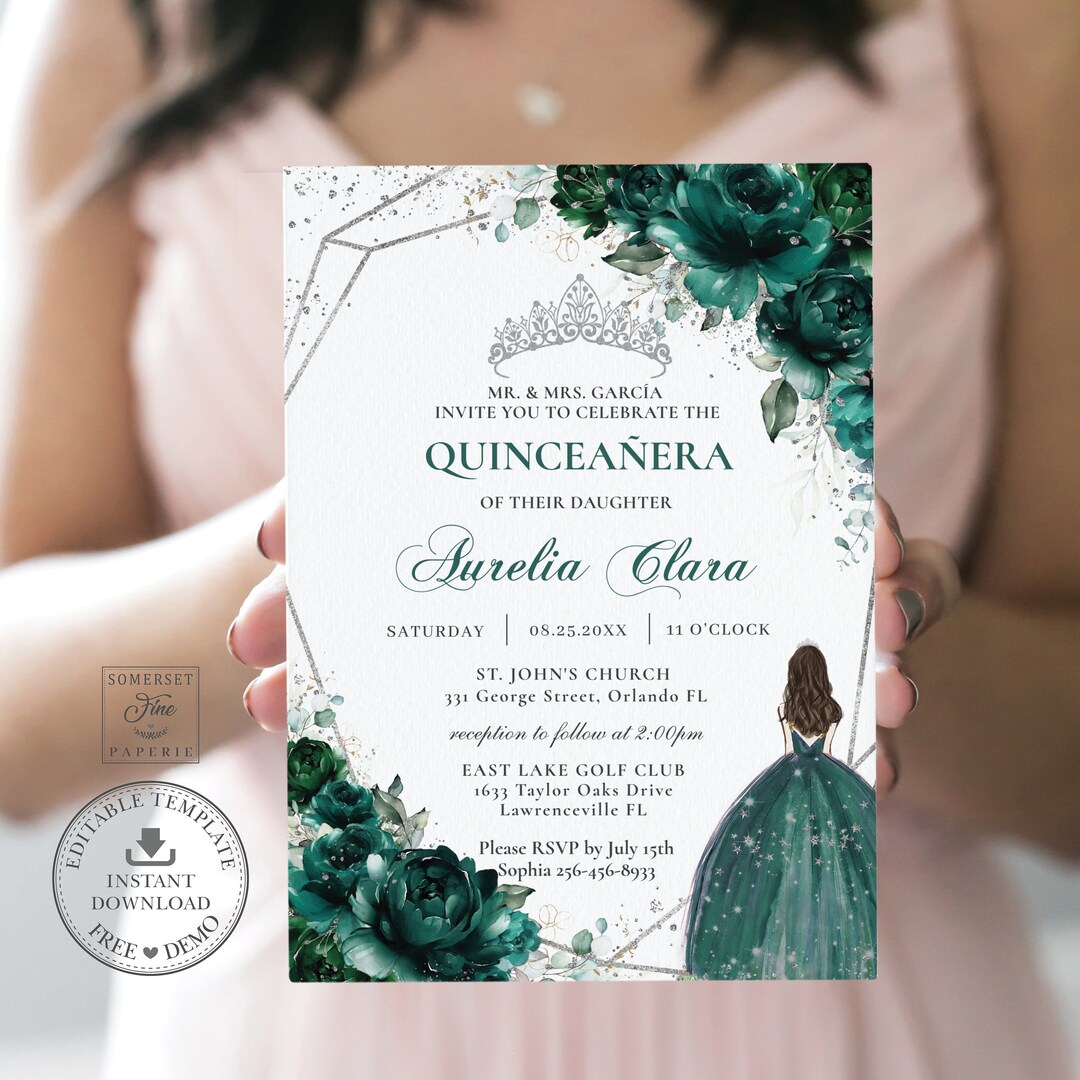 Emerald Green Floral Silver Quinceañera Invitation INSTANT DOWNLOAD