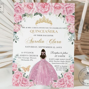 Pink Floral Gold Quinceañera Invitation Printable, EDITABLE TEMPLATE, Mis Quince 15 Anos 16th Birthday Diy Invite, INSTANT Download, QC24