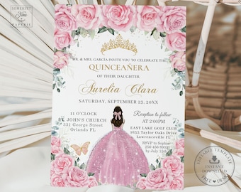 May include: Pink and gold Quinceañera invitation with a floral border, a crown, and a silhouette of a girl in a pink dress. The text reads "MR. & MRS. GARCÍA INVITE YOU TO CELEBRATE THE QUINCEANERA OF THEIR DAUGHTER AURELIA CLARA SATURDAY, SEPTEMBER 23, 20XX".