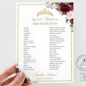 Burgundy Blush Floral Quinceañera Padrinos List Printable, EDITABLE ...