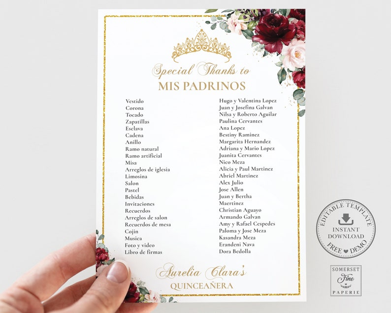 Burgundy Blush Floral Quinceañera Padrinos List Printable - Etsy Australia