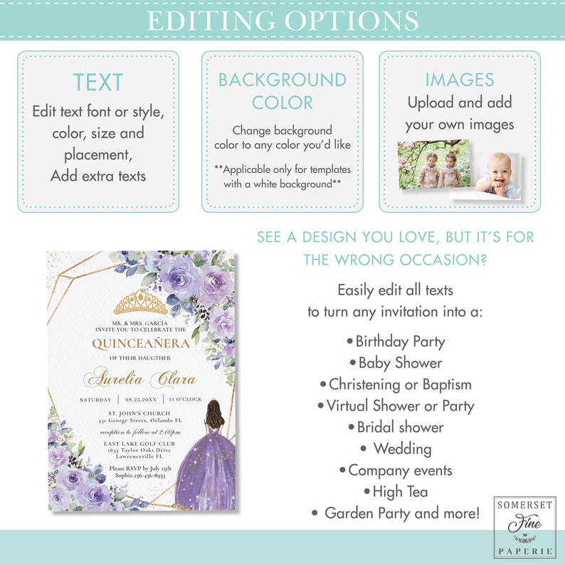 Purple Lilac Floral Butterflies Silver Quinceañera Picture Invitation EDITABLE TEMPLATE, Mis Quince 15 Anos Birthday, INSTANT Printable, QC3 zdjęcie 5