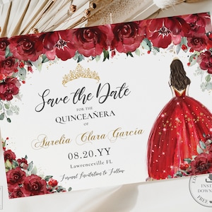 Red Floral Quinceañera Save the Date Card, INSTANT DOWNLOAD, Princess Crown Dress Flowers Mis Quince 15th Birthday EDITABLE Template QC13