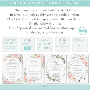 May include: Four different invitation designs with a watercolor floral theme. The designs feature pink and green flowers, gold geometric shapes, and calligraphy text. The text includes the names "Iris Smith" and "James Potter", as well as the phrases "Quincea&ntilde;era", "Bridal Shower", and "Save the Date".
