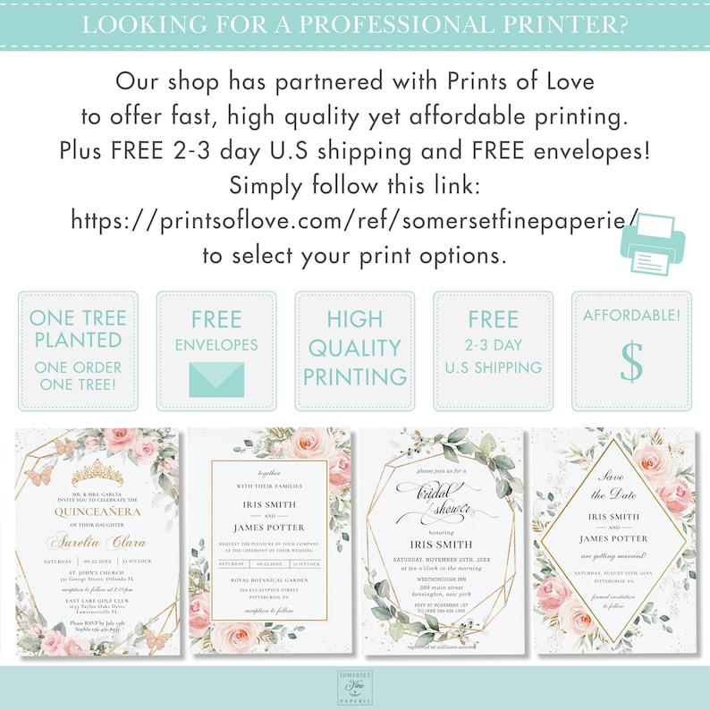 May include: Four different invitation designs with a watercolor floral theme. The designs feature pink and green flowers, gold geometric shapes, and calligraphy text. The text includes the names "Iris Smith" and "James Potter", as well as the phrases "Quincea&ntilde;era", "Bridal Shower", and "Save the Date".