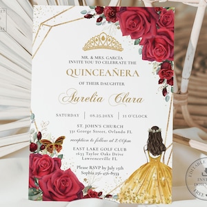 Red Floral Roses Yellow Dress Beauty Quinceañera Invitation Printable INSTANT DOWNLOAD Quince 15 Anos Birthday Invite Editable Template QC28