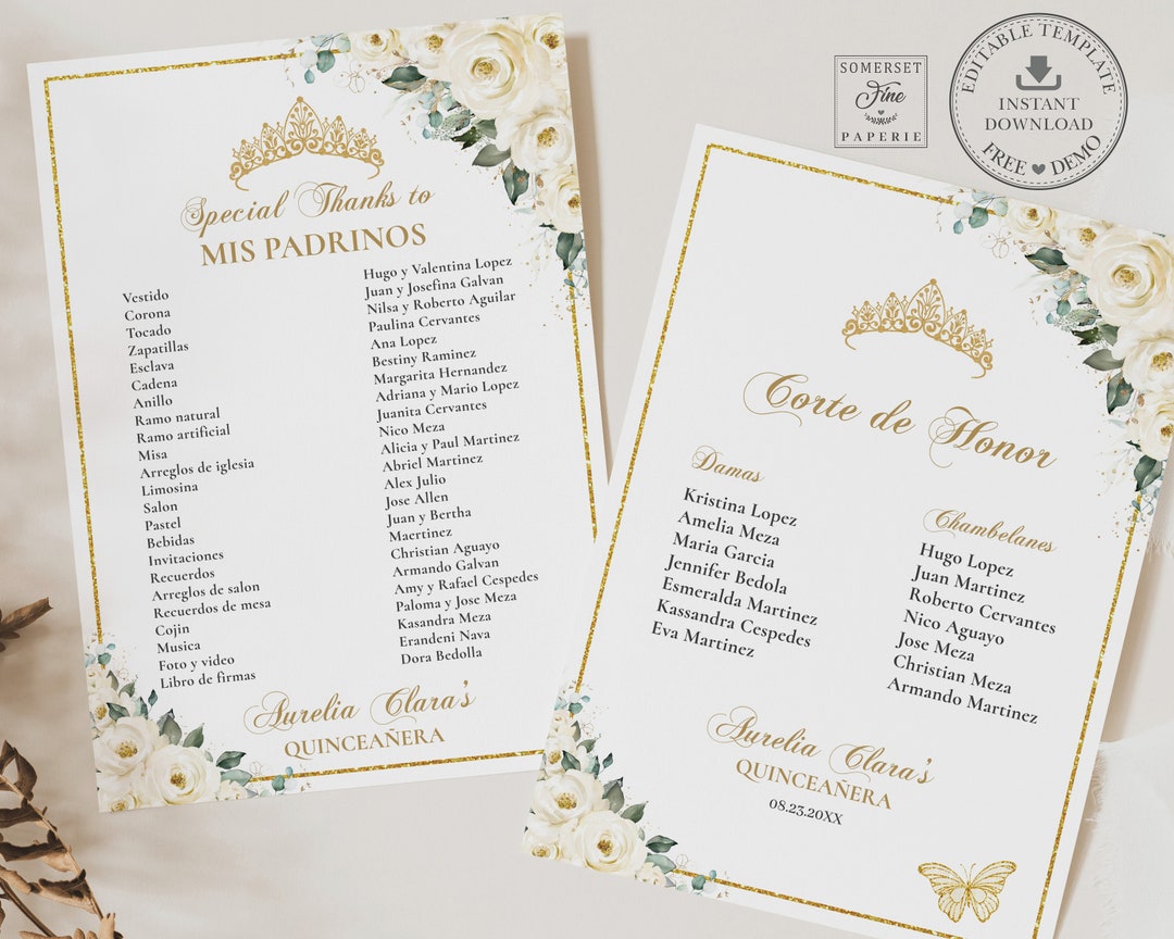 White Ivory Floral Gold Quinceañera Mis Padrinos List Printable ...