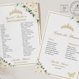 White Ivory Floral Gold Quinceañera Mis Padrinos List Printable EDITABLE TEMPLATE, Quince 15 Anos Princess Birthday INSTANT Download, QC21